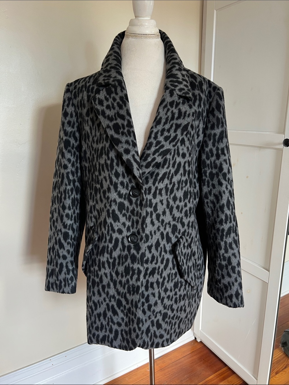 Lucky Brand Grey Leopard Animal Print Wool Blend Pea Coat Jacket L